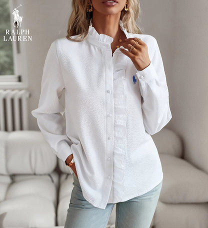 R. Ꮮаᴜгеn Bluse mit Rüschen – Weiche Struktur & Klassische Knopfleiste