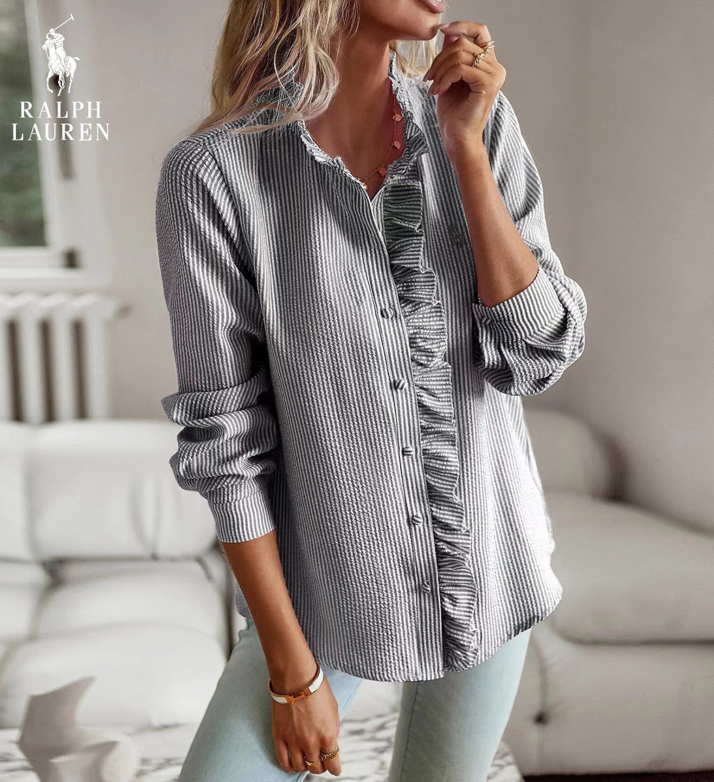 R. Ꮮаᴜгеn Bluse mit Rüschen – Weiche Struktur & Klassische Knopfleiste