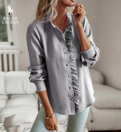 R. Ꮮаᴜгеn Bluse mit Rüschen – Weiche Struktur & Klassische Knopfleiste
